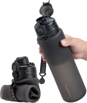 Collapsible 32oz Silicone Water Bottle, Foldable Travel Bottle with Strap, BPA Free, Leakproof for Hiking, International Travel, Outdoors (Black)
